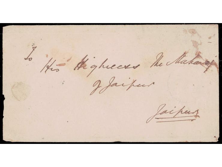 Cover addressed "To / His Highness The Maharaja / of Jaipur / Jaipur" franked on reverse with India QV ½a blue with Jaipur de