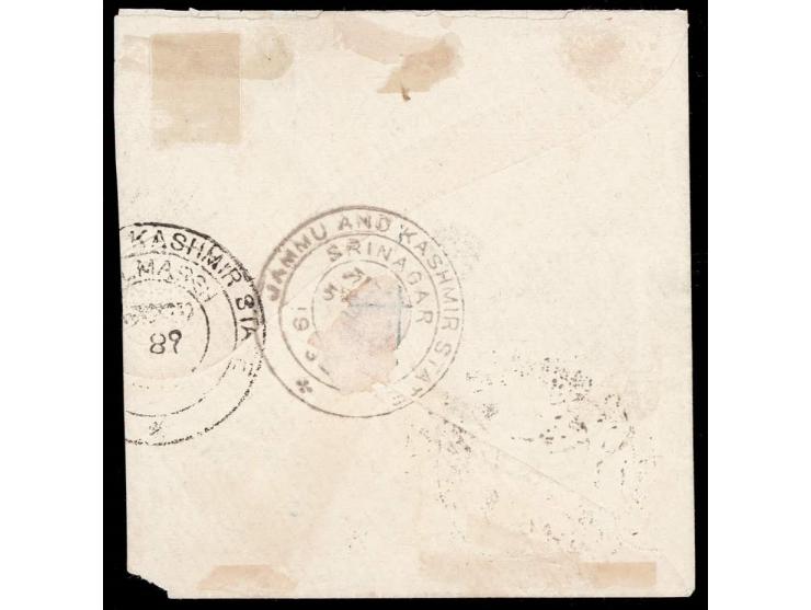 Part cover franked with Poonch 1p red on yellow pair tied by Poonch concentric of squares cancel with JAMMU AND KASHMIR / SRI