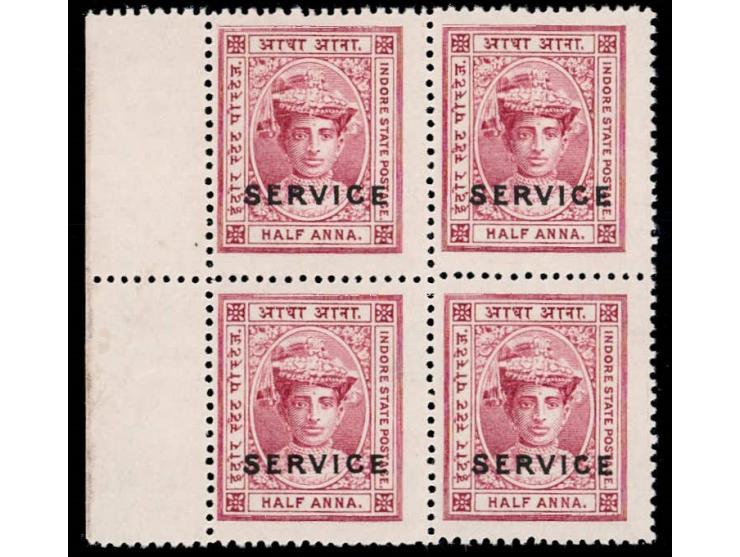1905  ½a lake overprinted SERVICE,  left corner marginal block of four. 
To buy this item please send us an email or use the 