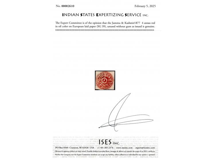 1877  4 annas red in oil color on European laid paper, unused without gum as issued. 2025 ISES certificate.
To buy this item 