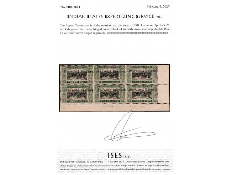 1950  1 anna on 3p black &amp; blackish green mint never hinged corner block of six with error, surcharge double. Previously 