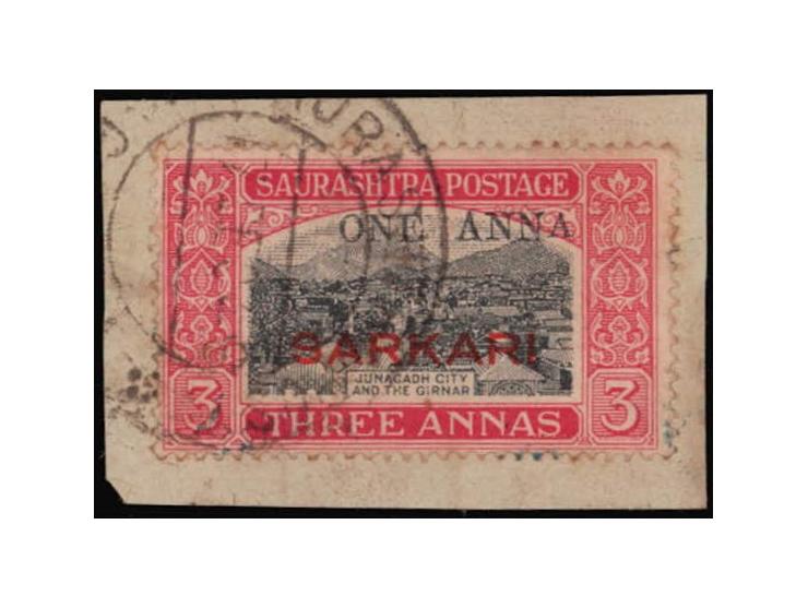 1948  1 anna on 3 annas black &amp; carmine on piece with error, small last 'A' in ANNA. This error occurs only once in a she
