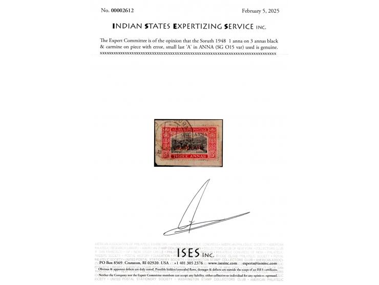 1948  1 anna on 3 annas black &amp; carmine on piece with error, small last 'A' in ANNA. This error occurs only once in a she