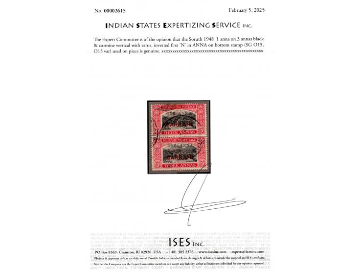 1948  1 anna on 3 annas black &amp; carmine vertical pair on piece with error, inverted first 'N' in ANNA on bottom stamp. Th