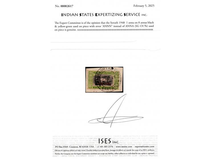 1948  1 anna on 8 annas black &amp; yellow-green used on piece with error 'ANNN" instead of ANNA. Ex. V.V. Meher. 2025 ISES c
