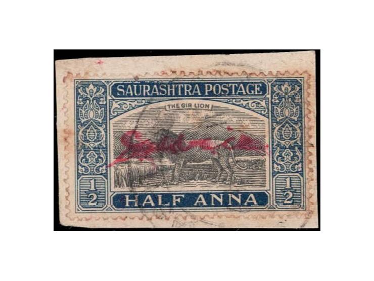 1949 ½ anna black &amp; deep blue with manuscript 'Service' in red ink. Due to a shortage of Service stamps at Gadhda and Una
