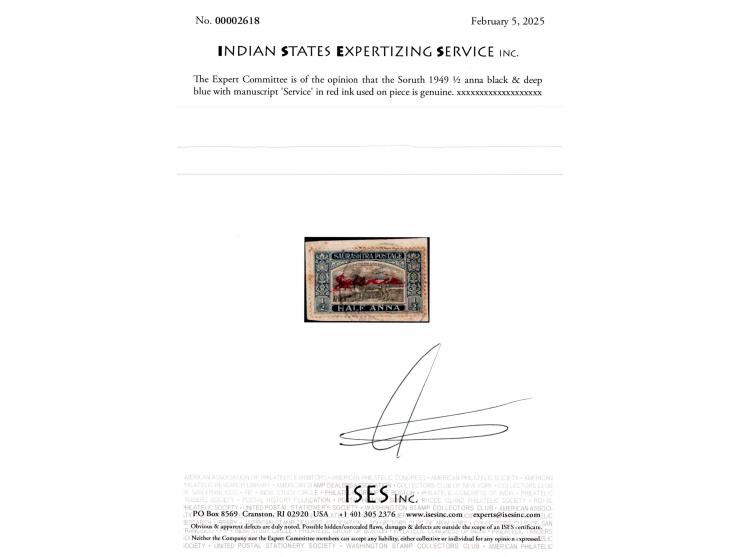 1949 ½ anna black &amp; deep blue with manuscript 'Service' in red ink. Due to a shortage of Service stamps at Gadhda and Una