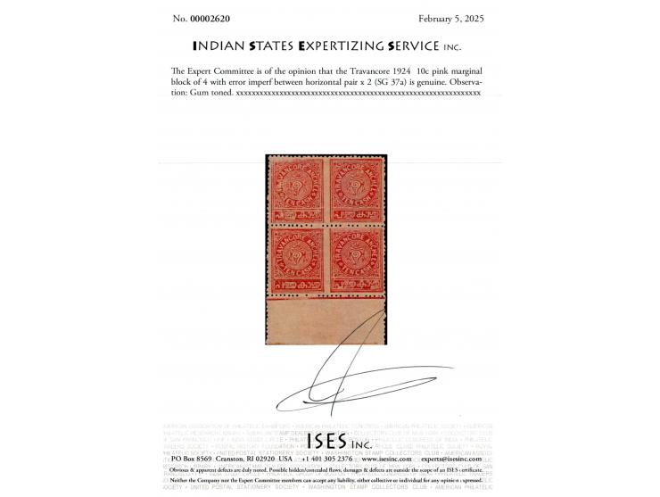 1924  10c pink marginal block of 4 with error imperf between horizontal pair x 2. Gum toned as usually found. 2025 ISES certi