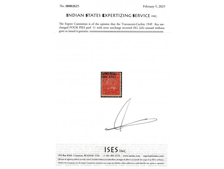 1949  8ca surcharged FOUR PIES perf. 11 with error surcharge inverted. 2025 ISES certificate.
