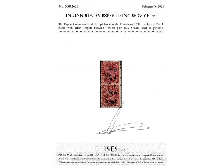 1932  1c 8ca on 1¼ ch claret vertical pair with error, imperf between vertical pair. 2025 ISES certificate.

