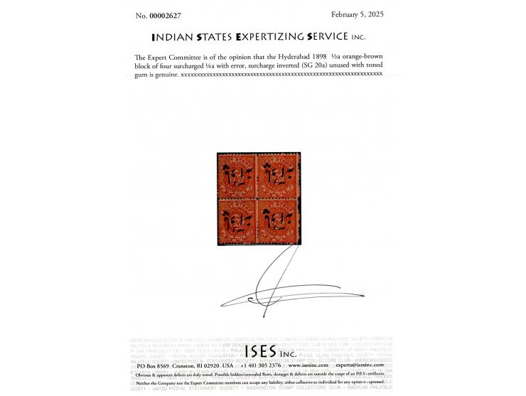 1898  ½a orange-brown block of four surcharged ¼a with error, surcharge inverted. Toned gum as usually found with this issue.