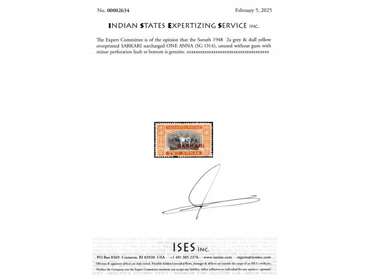 1948  2a grey &amp; dull yellow overprinted SARKARI surcharged ONE ANNA, unused without gum with minor perforation fault at b