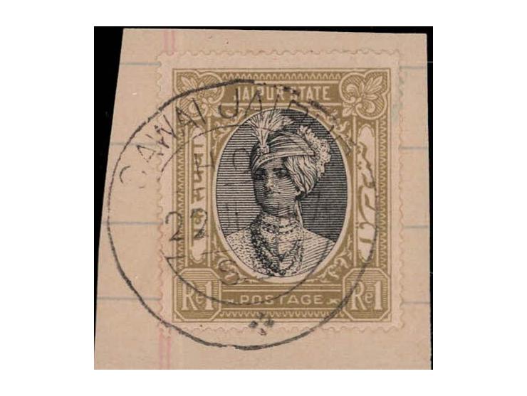 1946  1r black &amp; yellow-bistre on piece with "SAWAI JAIPUR / 22 JL 47" cds. 2025 ISES certificate.
To buy this item pleas