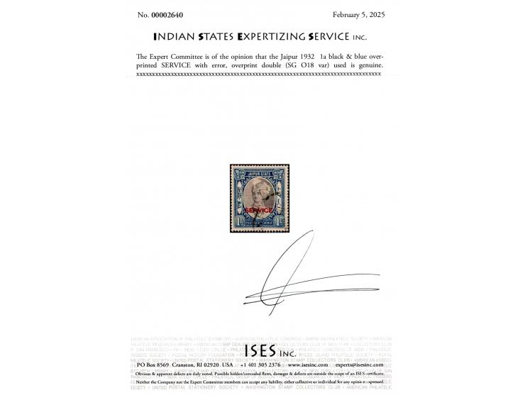 1932  1a black &amp; blue overprinted SERVICE with error, overprint double. This is the first such example we have handled in