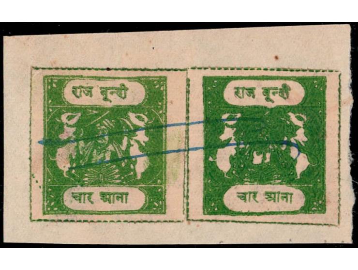 1935  4a bright green with inscriptions SG Type G, two copies used on piece with pen cancel.
