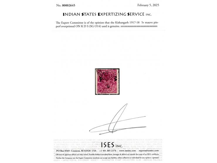 1917-18  5r mauve overprinted ON K D S. This is the first example we have handled in 40 years.  2025 ISES certificate.

