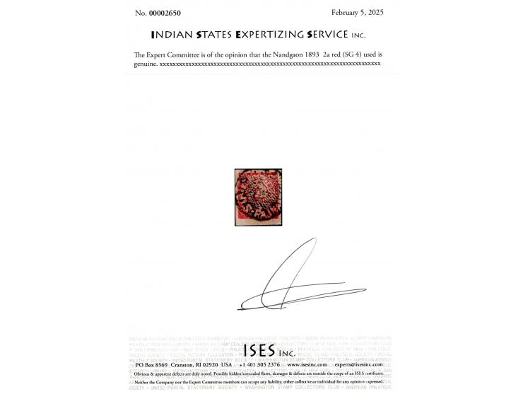 1893  2a red with a superb strike of the Nandgaon intaglio seal cancel. 2025 ISES certificate.
