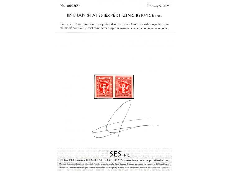 1940  ¼a red-orange horizontal imperf pair. This is from the unique discovery sheet of 80. Not listed in SG. 2025 ISES certif