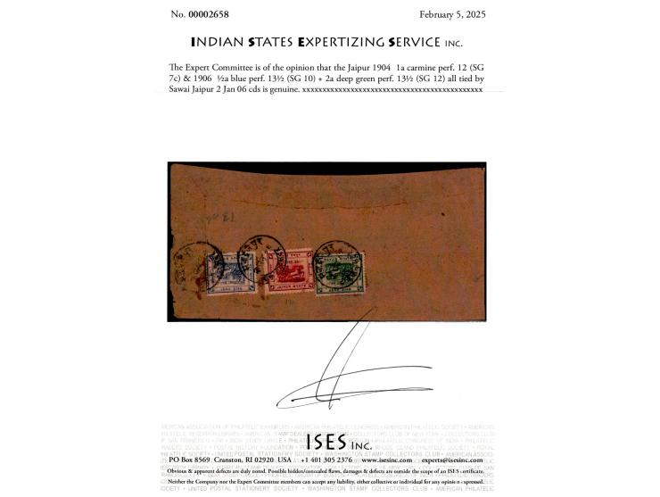 1904  1a carmine perf. 12 &amp; 1906  ½a blue perf. 13½ + 2a deep green perf. 13½ on registered cover all tied by Sawai Jaipu