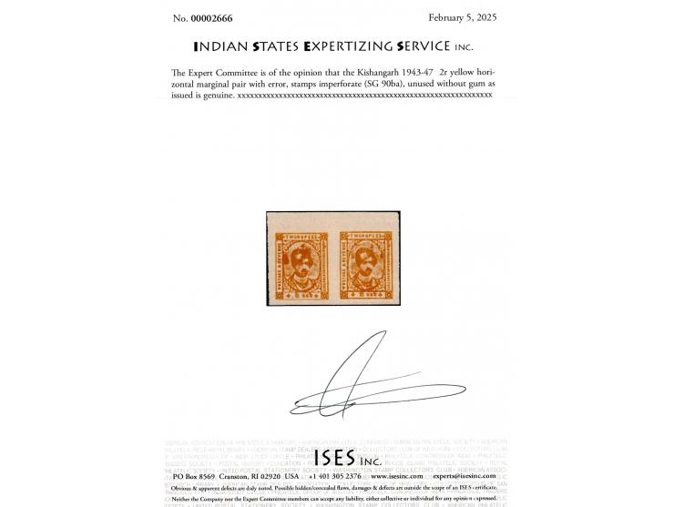 1943-47  2r yellow horizontal marginal pair with error, stamps imperforate. Unused without gum as issued. 2025 ISES certifica