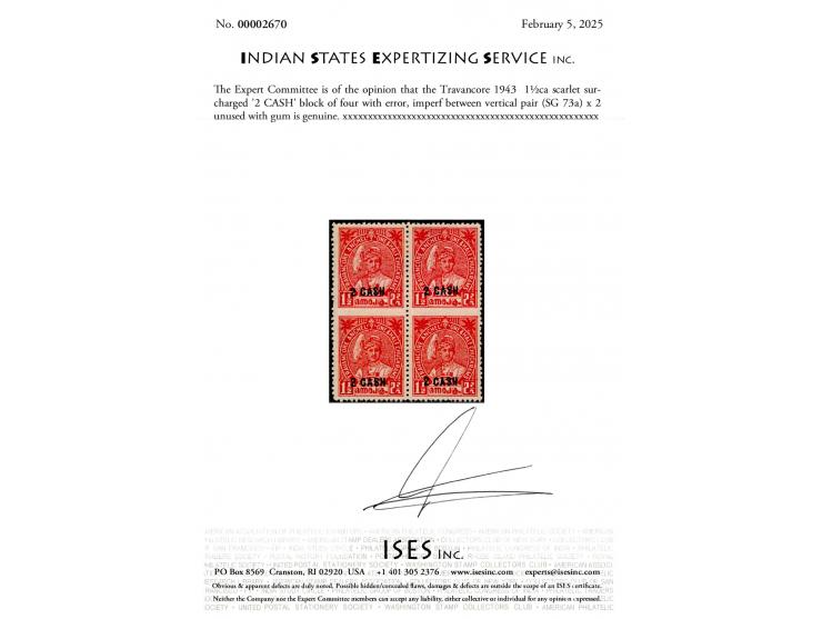 1943  1½ca scarlet surcharged '2 CASH' block of four with error, imperf between vertical pair x 2. 2025 ISES certificate.   
