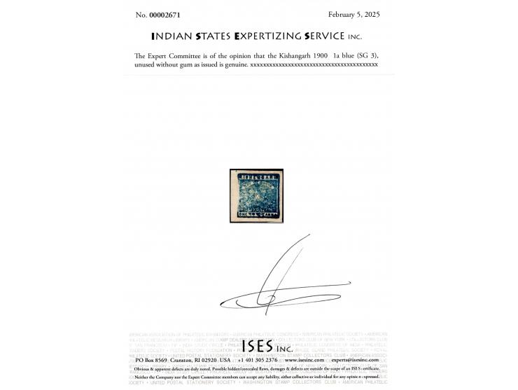 1900  1a blue. Unused without gum as issued. 2025 ISES certificate. 
To buy this item please send us an email or use the cont