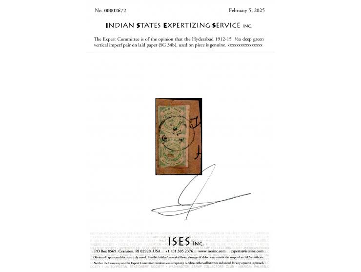 1912-15  ½a deep green vertical imperf pair on laid paper used on piece. 2025 ISES certificate.  
To buy this item please sen