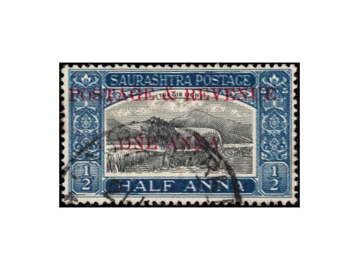 1949  ½a black &amp; deep blue surcharged 'POSTAGE &amp; REVENUE / ONE ANNA' with error, frame printed double. 2025 ISES cert