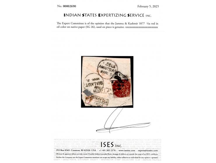 1877  ½a red in oil color on native  paper used on piece. 2025 ISES certificate.
