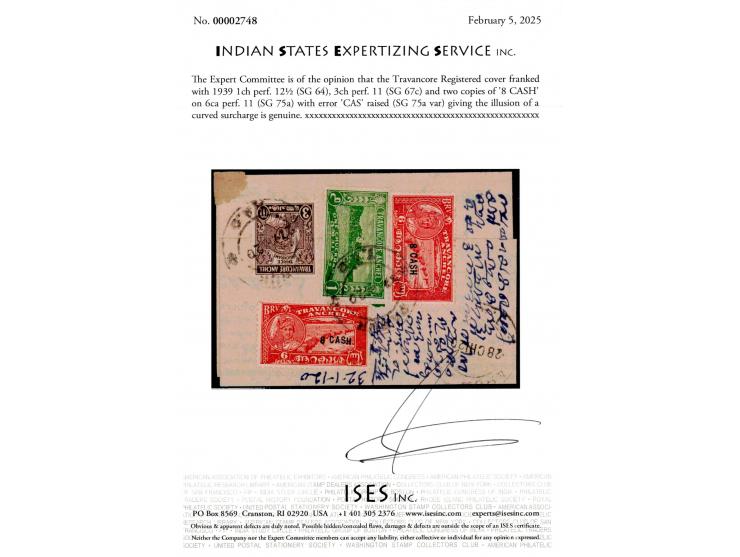 Registered cover franked with 1939 1ch perf. 12½, 3ch perf. 11 and two copies of '8 CASH' on 6ca with error 'CAS' raised givi