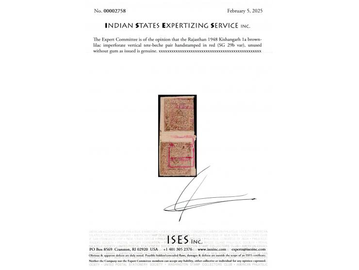 1948 Kishangarh 1a brown-lilac imperforate vertical tete-beche pair handstamped in red. Unused without gum as issued. 2025 IS