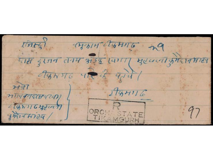 Registered cover franked with 1939  1a scarlet + 4a slate tied by 'TIKAMGARH / ORCHHA STATE / 20 FE 41" cds with boxed regist