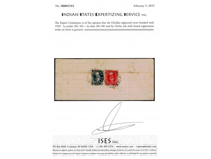 Registered cover franked with 1939  1a scarlet + 4a slate tied by 'TIKAMGARH / ORCHHA STATE / 20 FE 41" cds with boxed regist