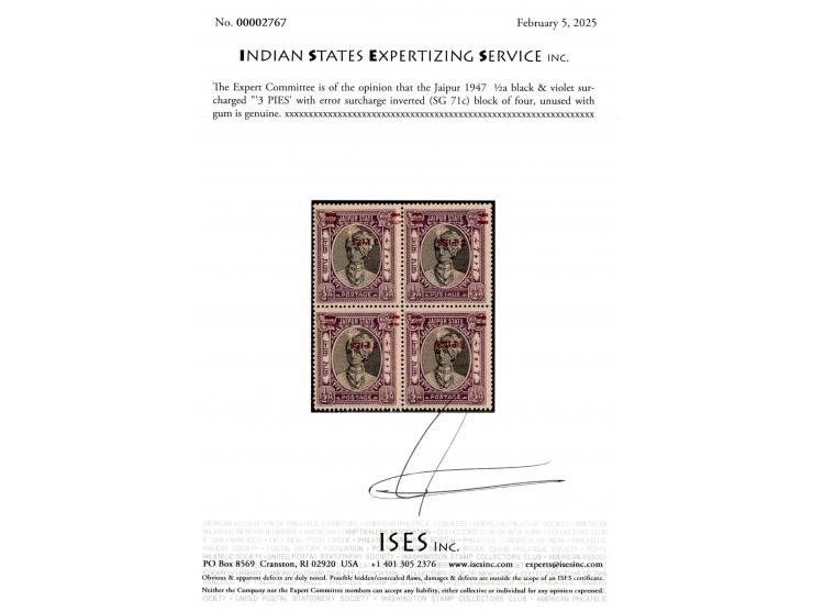 1947  ½a black &amp; violet surcharged "'3 PIES' with error surcharge inverted. Gum little toned. 2025 ISES certificate.
To b