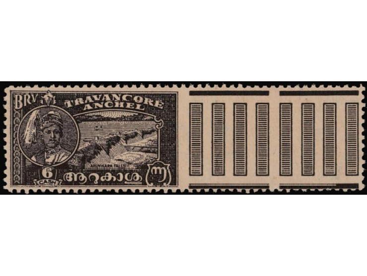 1941  6ca blackish violet perf. 11 with corner copy with gutter margin with error imperf between stamp and gutter resulting i