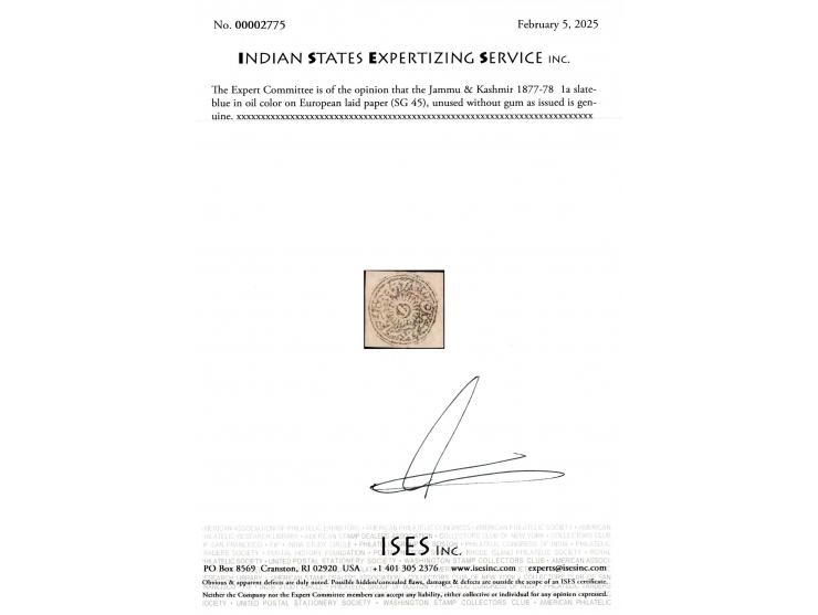 1877-78  1a slate-blue in oil color on European laid paper. Unused without gum as issued. 2025 ISES certificate. 
To buy this