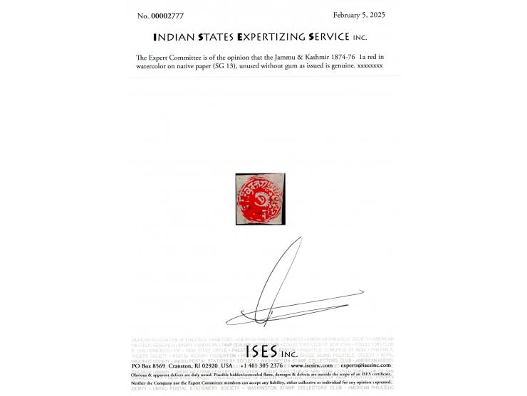 1874-76  1a red in watercolor on native paper. Unused without gum as issued. 2025 ISES certificate. 
