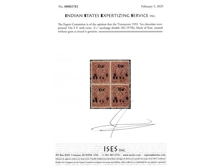 1933  5ca chocolate overprinted 'On S S' with error, '6 c' surcharge double, block of four. Unused without gum as issued. Wit