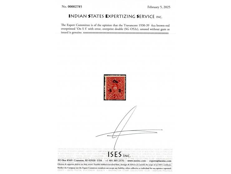 1930-39  6ca brown-red overprinted 'On S S' with error, overprint double.  Unused without gum as issued. Discovery copy of th