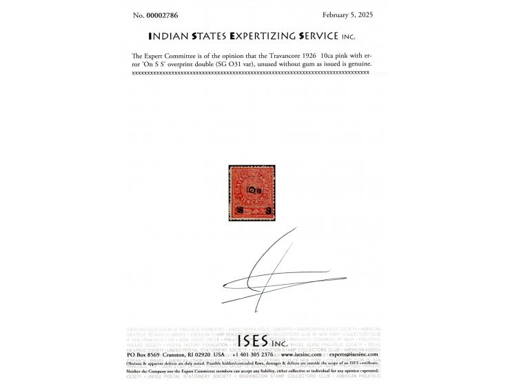 1926  10ca pink with error 'On S S' overprint double. Unused without gum as issued. Not listed in SG and possibly unique. 202