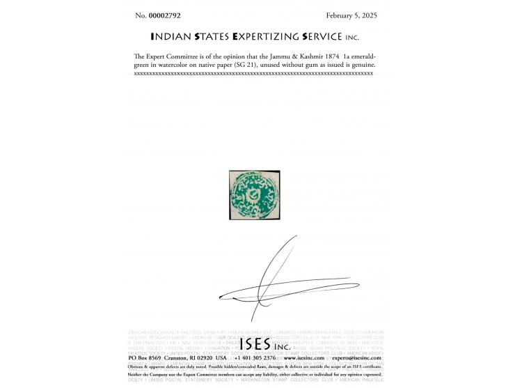 1874  1a emerald-green in watercolor on native paper. Unused without gum as issued. 2025 ISES certificate. 
