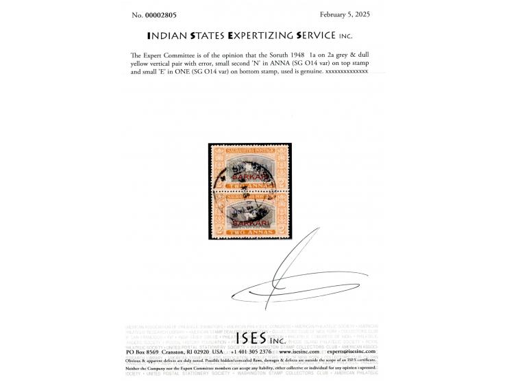 1948  1a on 2a grey &amp; dull yellow vertical pair with error, small second 'N' in ANNA on top stamp and small 'E' in ONE on