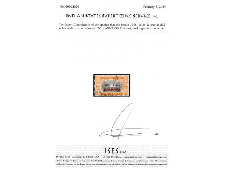 1948  1a on 2a grey &amp; dull yellow  with error, small second 'N' in ANNA.
