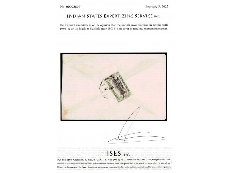 30 March 1950 cover franked on reverse with 1950  3p black &amp; blackish green surcharged 'POSTAGE &amp; REVENUE / ONE ANNA'