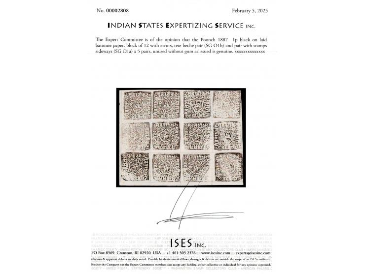 1887  1p black on laid batonne paper, block of 12 with errors, tete-beche pair x1 and pair with stamps sideways x 5 pairs. Un