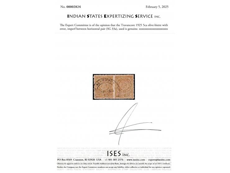 1925 5ca olive-bistre with error, imperf between horizontal pair. 2025 ISES certificate. 
