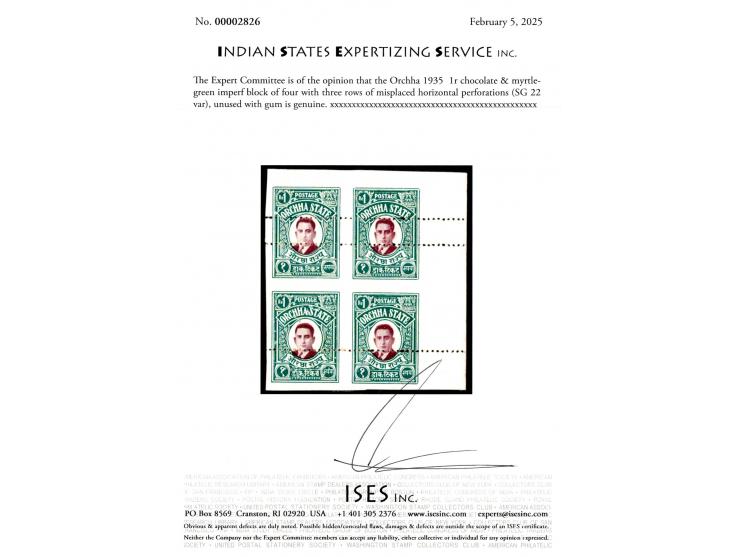 1935  1r chocolate &amp; myrtle-green imperf block of four with three rows of misplaced horizontal perforations. 2025 ISES ce