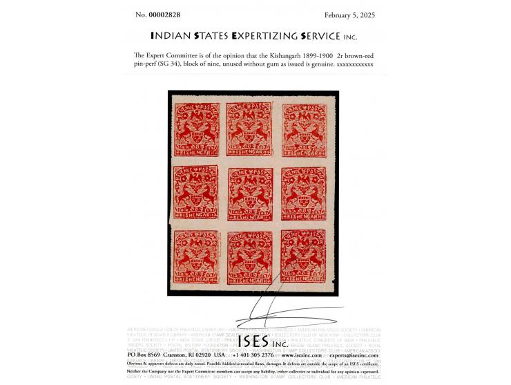 1899-1900  2r brown-red pin-perf, block of nine. Unused without gum as issued. 2025 ISES certificate. 

