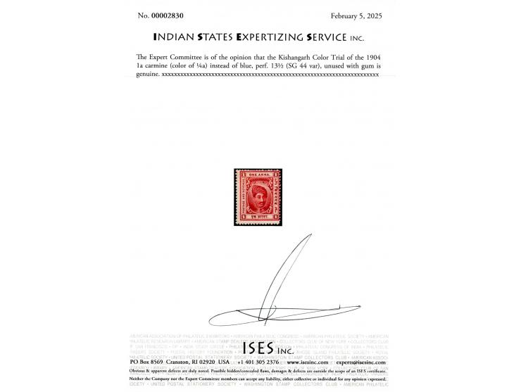 Color Trial of the 1904  1a carmine (color of ¼a) instead of blue, perf. 13½. 2025 ISES certificate. 
To buy this item please