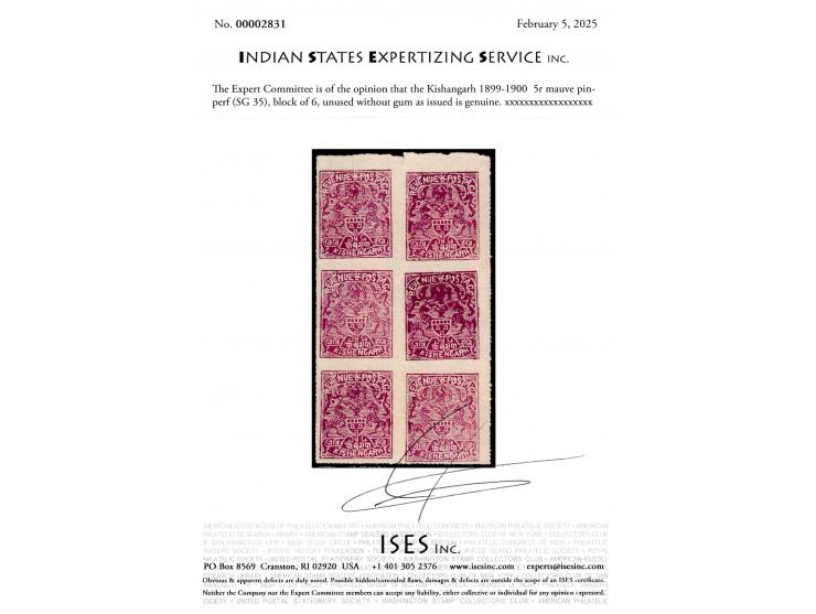 1899-1900  5r mauve pin-perf, block of 6. Unused without gum as issued. 2025 ISES certificate. 
